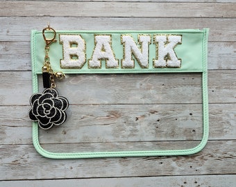 Mint Oversized Bank Bag: Cash Storage Envelope with Flower Keychain