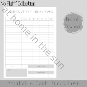 Printable Cash Breakdown Worksheet, Cash Envelopes Budgeting Planning, Sinking Funds, Savings, Bank Money Cash Stuffing, PDF, No Fluff Plain