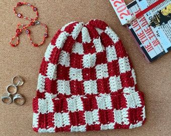 checkered crocheted beanie