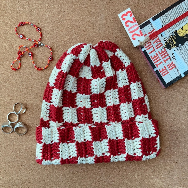 checkered crocheted beanie