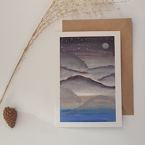 Postkarte mit Umschlag • Berge am Abend • Schnee • Mond • Natur • Kunstdruck • Grußkarte • handgemalt • Selbstliebe • natürlich • Landschaft