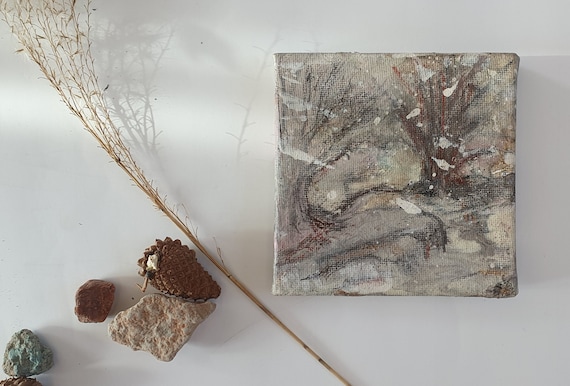 abstrahierte Schneelandschaft für deine Wand Leinwandgemälde klein natürlich: Bioliebe- Kurkuma, Kohle, Acryl • gespannt Holz 5x5x2 cm