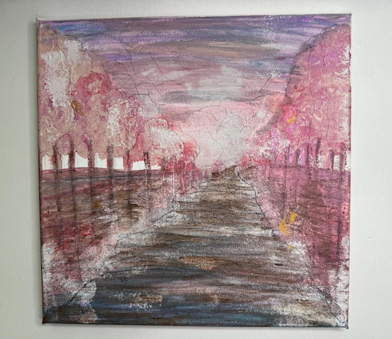 Fantasykirschblütenwald - rosa gold Sakura - Kaffeekunst - nachhaltig mit natürlichen Materialien - Gewürze, Tee, Sand, Guache auf Leinwand