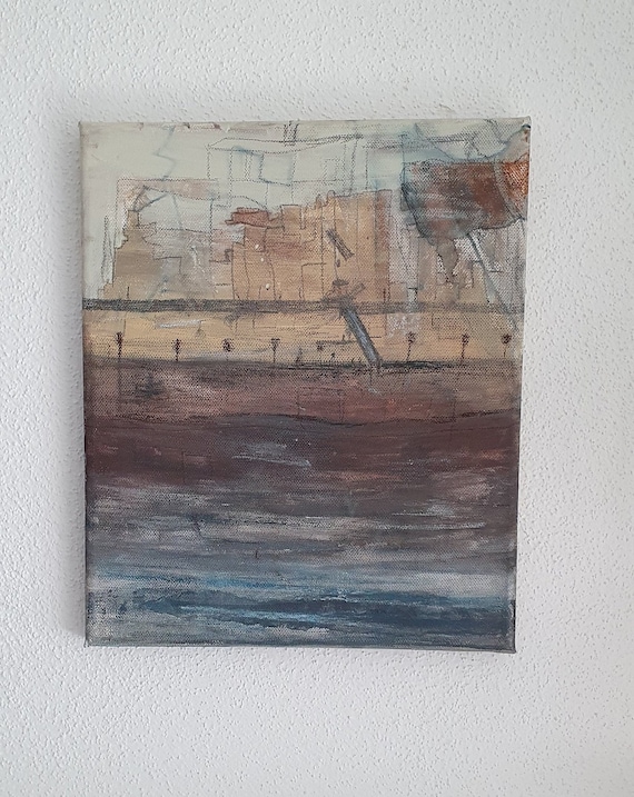 Gewürzstadt am Meer abstrakt - Umwelt - Ölpastell, Guache, Kohle - handgefertigt - Kaffeeart - 30 x 25 Leinwand auf Holz gespannt