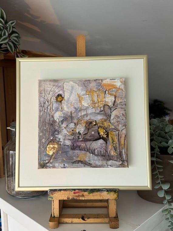 Gerahmtes Leinwandwandbild: Zwischen Nebel und Licht • Gold •  Acryl | Alurahmen • Passpartout •Leinwand auf Holzrahmen • handgemalt 30x30