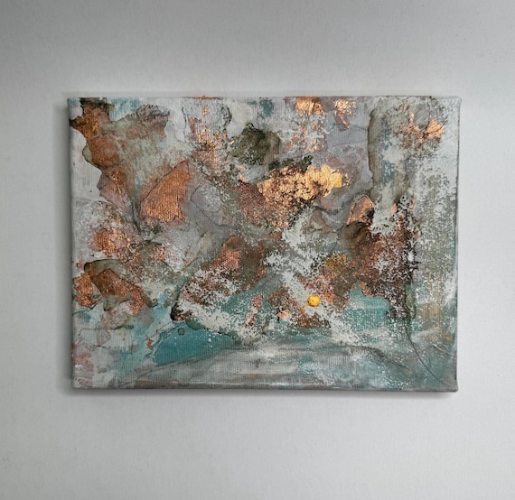 Kupfer Leinwandgemälde klein - Kaffee, Tee, Aquarelle, Guache, Kohle, Gewürze - abstrakt - nachhaltige Kunst - Baumwolle gespannt auf Holz