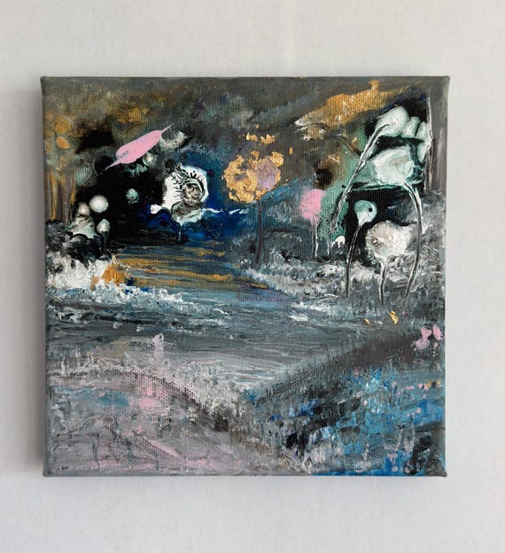 Abstraktes Acrylgemälde mit Gold | Schimmernder Nachthauch| Original Kunst auf Leinwand aus der Serie: "Magische Welten" 20 x 20