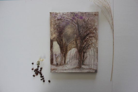StrukturWandbild Biokunst: Baumallee Natur Kaffee Kurkuma • Kohle, Ölpastell, Kreide Acryl • Umweltliebe Leinwand gespannt auf Holzrahmen