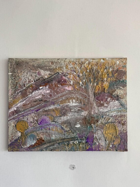 Abstraktes Acrylgemälde mit Gold | Wenn die Berge träumen | Original Kunst auf Leinwand aus der Serie: "Magische Welten" 20 x 20