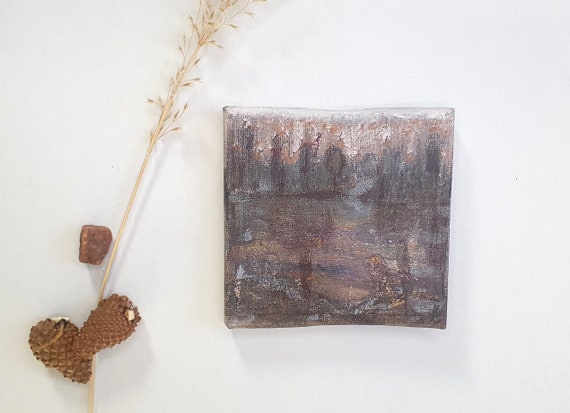 Mini Leinwandgemälde 10 x 10 cm – Abstrakter Wald • Kurkuma, Kohle, Ölpastell & Gouache• Biokunst auf Baumwollleinwand auf Holzrahmen