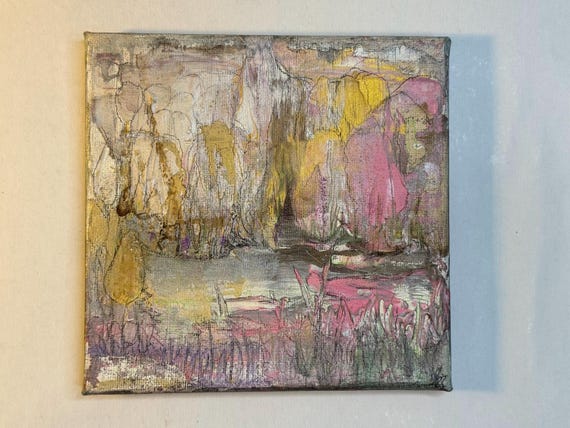 Natur Leinwandgemälde 15×15 cm – See und Wald abstrakt • Kaffee- & Teefarben, Aquarell, Gouache und Kohle • Nachhaltige Eco•Art