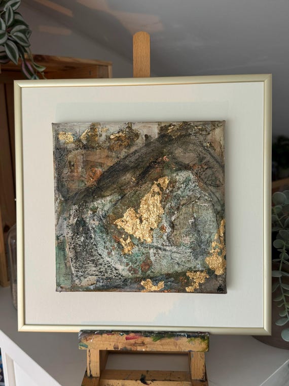 Gerahmtes Leinwandwandbild abstrakt: Kaffee und Blattgold, Kohle, Acryl | Alurahmen • Passpartout •Leinwand auf Holzrahmen •handgemalt 30x30