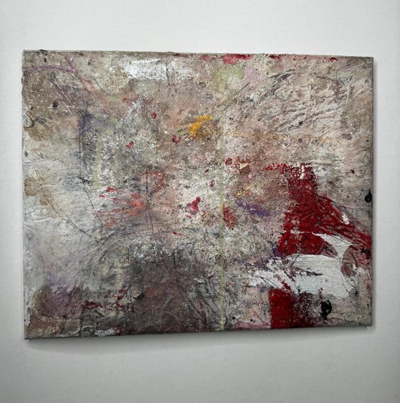 Kleines Gemälde auf Leinwand: Vogelweißrot Strukturgemälde Kaffeekunst - nachhaltige Kunst - Aquarelle, Guache, Acryl • gespannt auf Holz