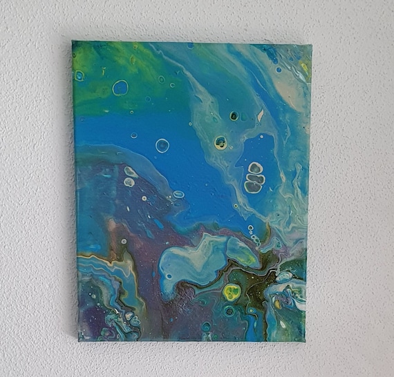 abstrakte Unterwasserwelt pouring - Acryl - fließende Farben - Ozean - Kinderzimmer - Wanddeko - 30 x 25cm Leinwand - Nr. 121 soundofcolours