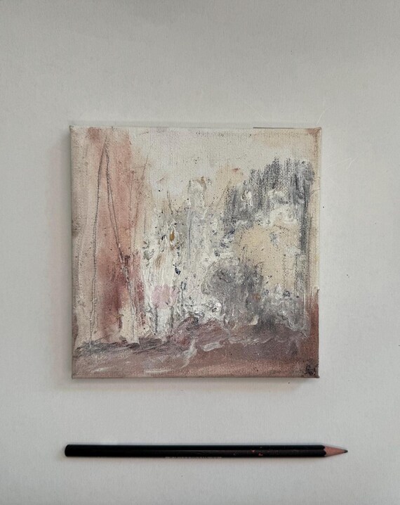 Kleines Wandbild: Landschaft abstrahiert mit Silber - Bioliebe-Aquarelle, Kurkuma, Kohle, Guache • Leinwand gespannt auf Holz  Einzelstück