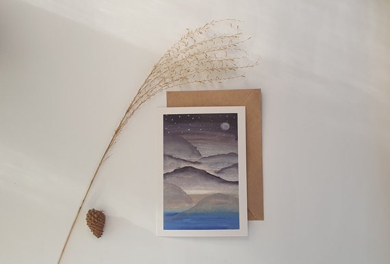 Postkarte mit Umschlag • Berge am Abend • Schnee • Mond • Natur • Kunstdruck • Grußkarte • handgemalt • Selbstliebe • natürlich • Landschaft