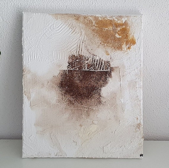 Strukturgemälde „fliegende Stadt“: KaffeeZimt • Minimalistische Wanddeko • Vintage Boho Leinwand auf Holzrahmen • handgefertigt 30x25x2cm