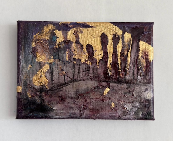 Abstraktes Acrylgemälde mit Gold | Flüstern der Mitternachtsbäume| Original Kunst auf Leinwand aus der Serie: "Magische Welten" 18 x 13 cm