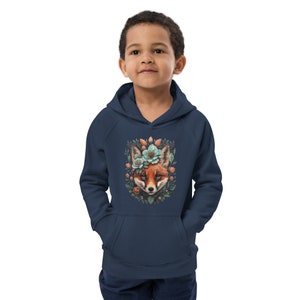 Fox Kids eco hoodie, floral fox toddler hoodie, fox vegan hoodie, fox warm hoodie with pocket pouch, fox comfy toddler hoodie gift, fox gift
