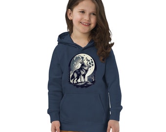 Wolf howling at moon Kids eco hoodie, wolf howling vegan hoodie for kids, wolf howling warm hoodie with a pocket pouch, wolf howling hoody