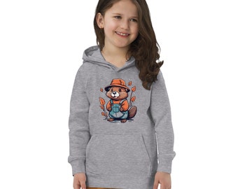 Beaver Kids eco hoodie, cute beaver vegan hoody, cute beaver organic hoodie with a pocket pouch, beaver animal cool hoodie for birthday gift