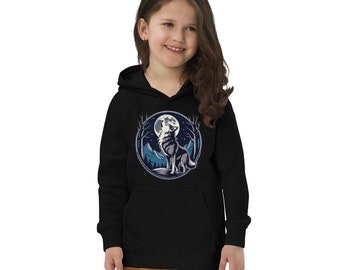 Wolf howling at moon Kids eco hoodie, wolf vegan kids hoodies, wolf howling warm hoodie with a pocket pouch, wolf comfy eco friendly hoody