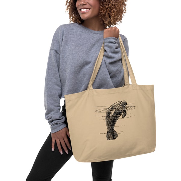 Manatee Large organic tote bag, manatee gift ideas for the holidays,manatee reusable tote bag for shopping,groceries.Christmas gift for her