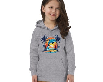 Öko-Kapuzenpullover „Delfin Kids“, veganer Kapuzenpullover „Delfin“ mit Taschenbeutel, Kapuzenpullover „Delfin aus Bio-Baumwolle“, Kapuzenpullover „Delfin im Meer einer tropischen Insel“.