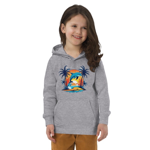 Dolphin Kids eco hoodie, dolphin vegan hoody with a pocket pouch, dolphin organic cotton hoodie, dolphin in a tropical island sea hoodies