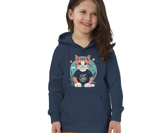 Cat vibes only Kids eco hoodie, cat vibes vegan hoody, cat vibes hoody with a pocket pouch, cat vibes vegan warm hoody for kids, cat vibes
