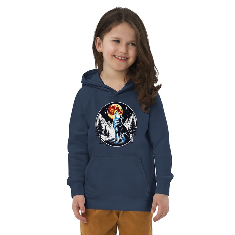 Wolf howling at the moon Kids eco hoodie, wolf howling kids vegan hoodies, wolf comfy eco friendly hoody with a pocket pouch, wolf kid hoody