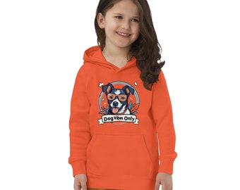 Dog Kids eco hoodie, dog vibes kids hoodies, dog vegan kids hoodies with pocket pouch, doggy vibes hoody gift ideas. dog vegan soft hoodies