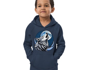 Wolf howling Kids eco hoodie, wolf howling vegan soft hoody with a pocket pouch, howling wolf eco friendly warm kids hoody, wolf vegan hoody