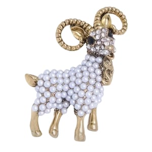 Gold Goat Pin Brooch: Pearl Design, Elegant Animal Jewelry Gift