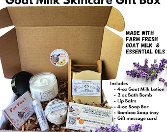 Lavender Goat Milk Skincare Gift Box: Handmade Soap, Lotion, Bath Bomb