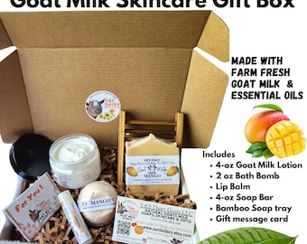 Mango Goat Milk Skincare Gift Box: Organic Lotion, Soap, Bath Bomb