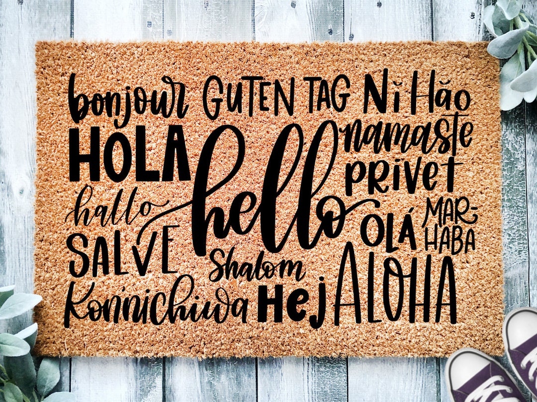 Hello in Different Languages Doormat, Bonjour, Hola, Aloha Mat, Funny Gift, Front Door