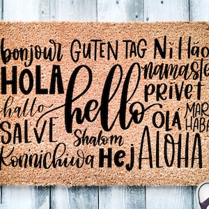 Hello In Different Languages Doormat, Bonjour, Hola, Aloha Welcome Mat, Funny Gift, Front Door Rug, Housewarming Gift For New Homeowner