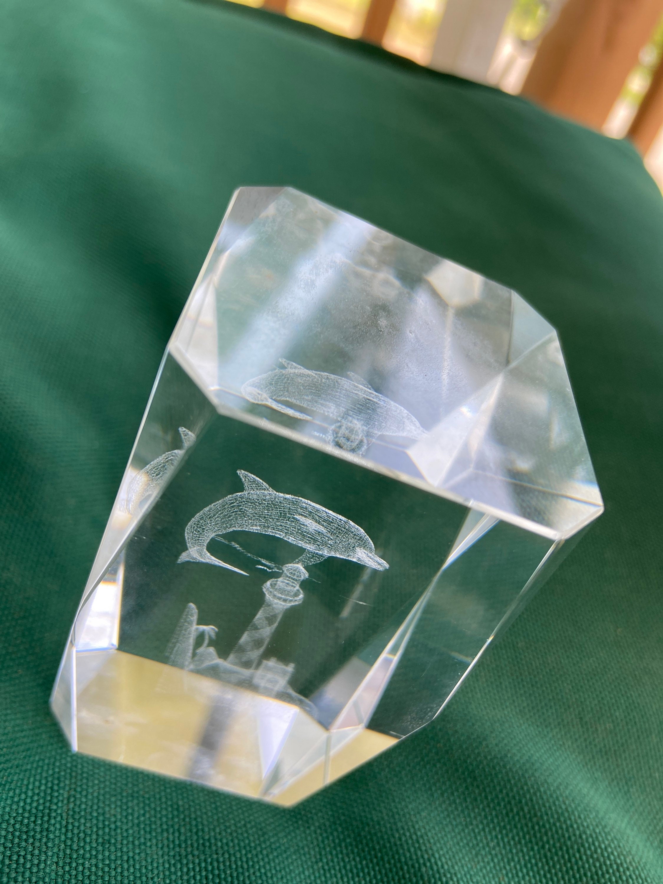 Laser etched art glass paperweight dolphin and lighthouse Etsy