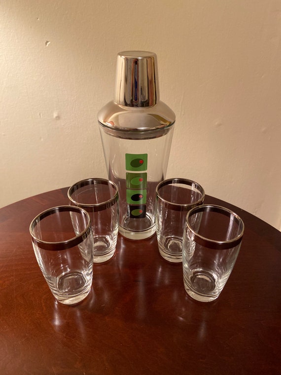 Midcentury Art Deco Glass Martini Shaker Set With Four Silver Etsy