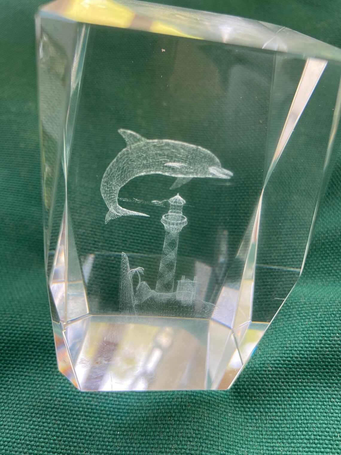 Laser Etched Art Glass Paperweight Dolphin and Lighthouse Etsy