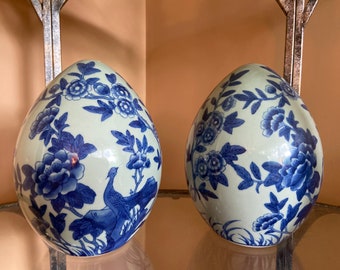 Vintage Bombay 9 inch blue and white egg pair