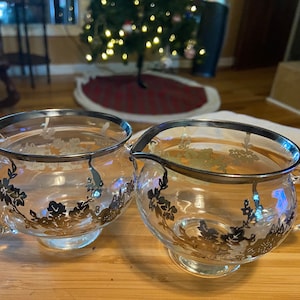 Vintage floral, silver overlay on glass cream and sugar Dishes