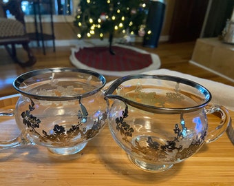 Vintage floral, silver overlay on glass cream and sugar Dishes