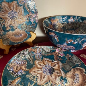 Cloisonné green and gold bowl and plate set