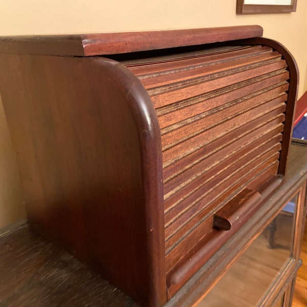 Beautiful vintage walnut roll top bread box