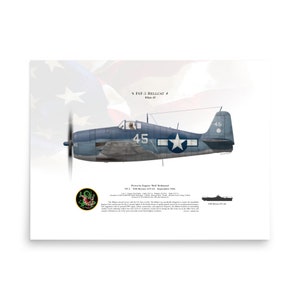 May include: A blue and white FGF-5 Hellcat #45 aircraft with the number 45 on the side. The aircraft is flying over a red, white, and blue American flag. The text "Flown by Ensign "Red" Redmond VT-2 USS Hornet (CV-12) September 1944" is below the aircraft. The text "FGF-5 HELLCAT #45 White 45" is above the aircraft. The text "USS Hornet CV-12" is below the aircraft.