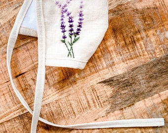 Linen embroidered baby bonnet, organic natural dyed linen