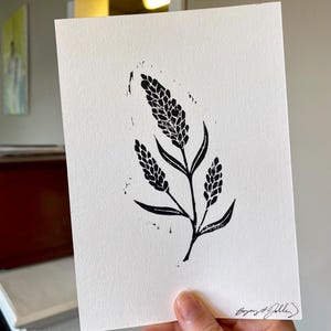 Lavender Sprig Linocut Print. Linocut print, linocut art, lavender art print.