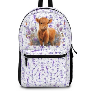 Highland Cow Backpack: Lavender Floral, Tablet Compartment